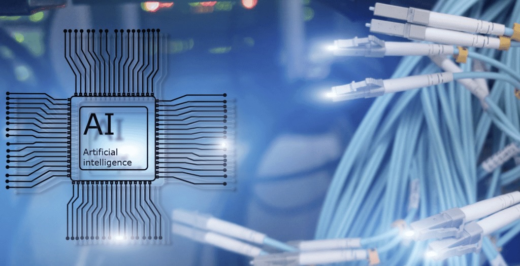 Data center network switches and fiber interconnects representing the Ultra Ethernet AI fabric replacing InfiniBand