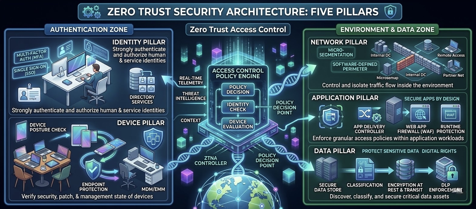 Network security diagram showing identity verification and access controls representing Zero Trust five pillars