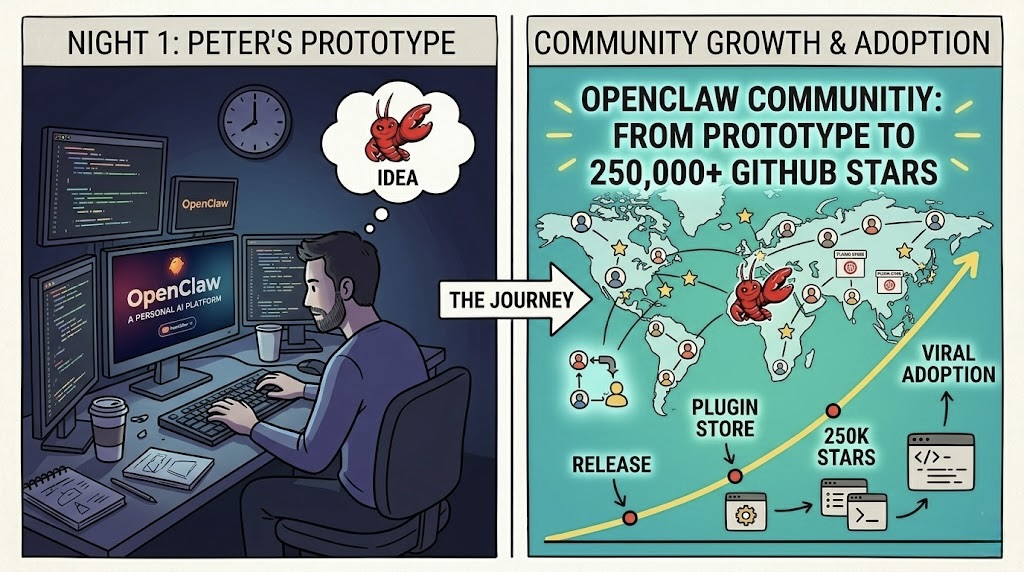 Developer coding at night representing Peter Steinberger building OpenClaw and the community growth that followed