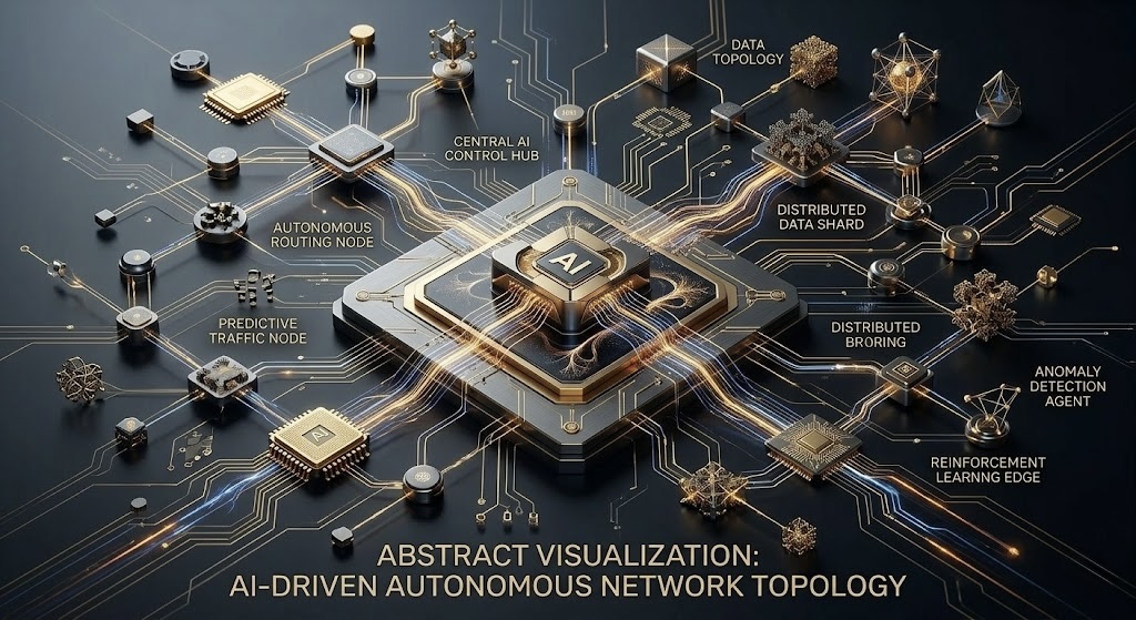 Abstract visualization of AI-driven network topology with connected nodes representing autonomous networking in 2026