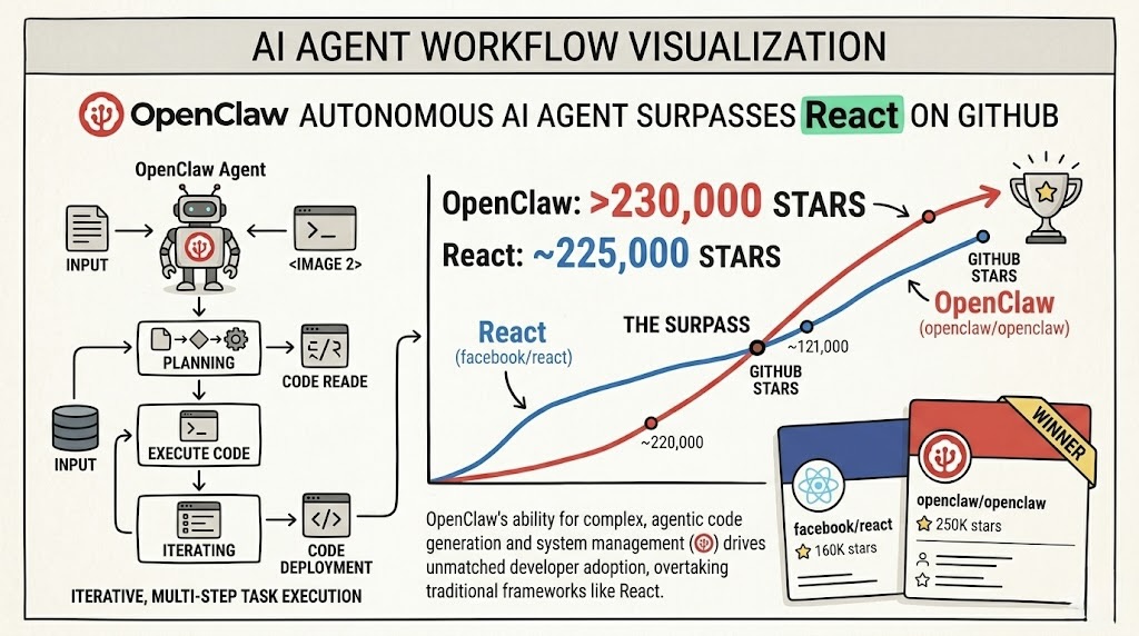 AI agent workflow visualization representing OpenClaw autonomous AI agent surpassing React on GitHub in 2026