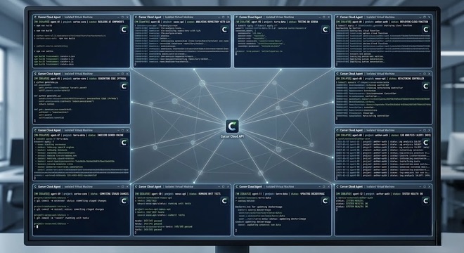 Multiple terminal windows running in parallel representing Cursor cloud agents operating in isolated virtual machines