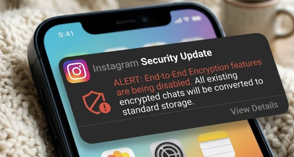 Padlock on a digital phone screen representing Instagram removing end-to-end encryption from DMs in May 2026