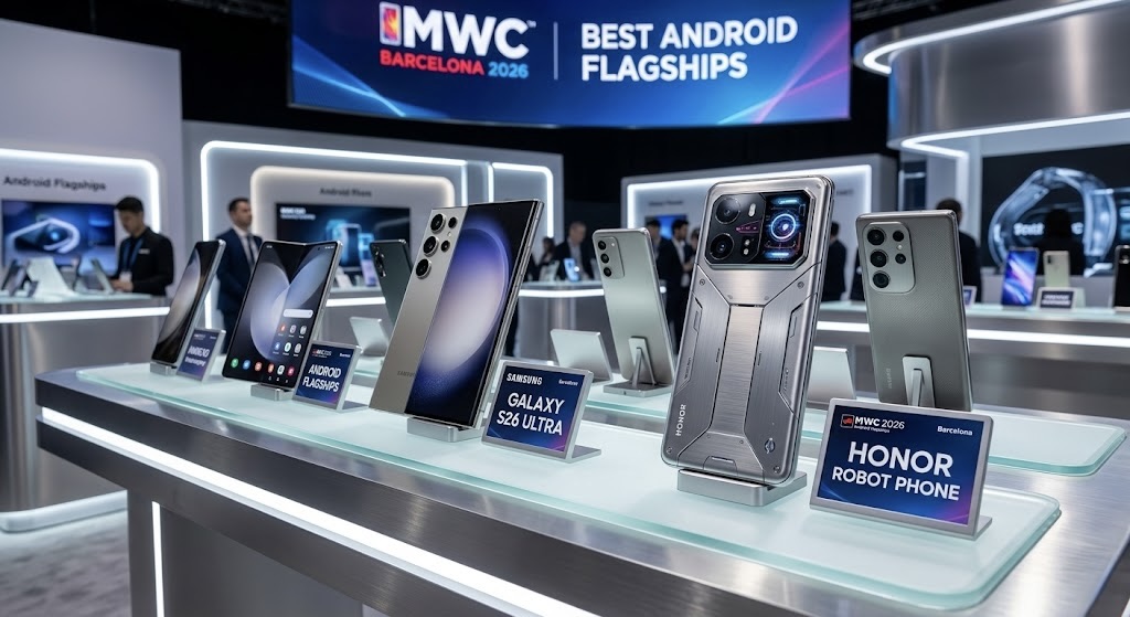 Modern smartphones on display representing the best Android flagships of MWC 2026 including Samsung Galaxy S26 Ultra and Honor Robot Phone