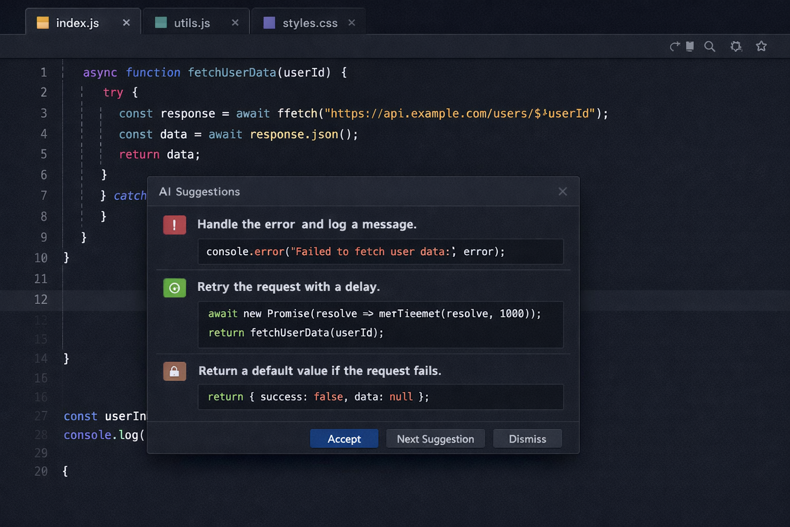 Code editor with AI suggestions appearing on screen