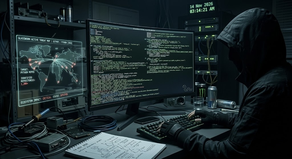 Hacker in dark room representing GlassWorm supply chain attack targeting Python GitHub repositories in 2026