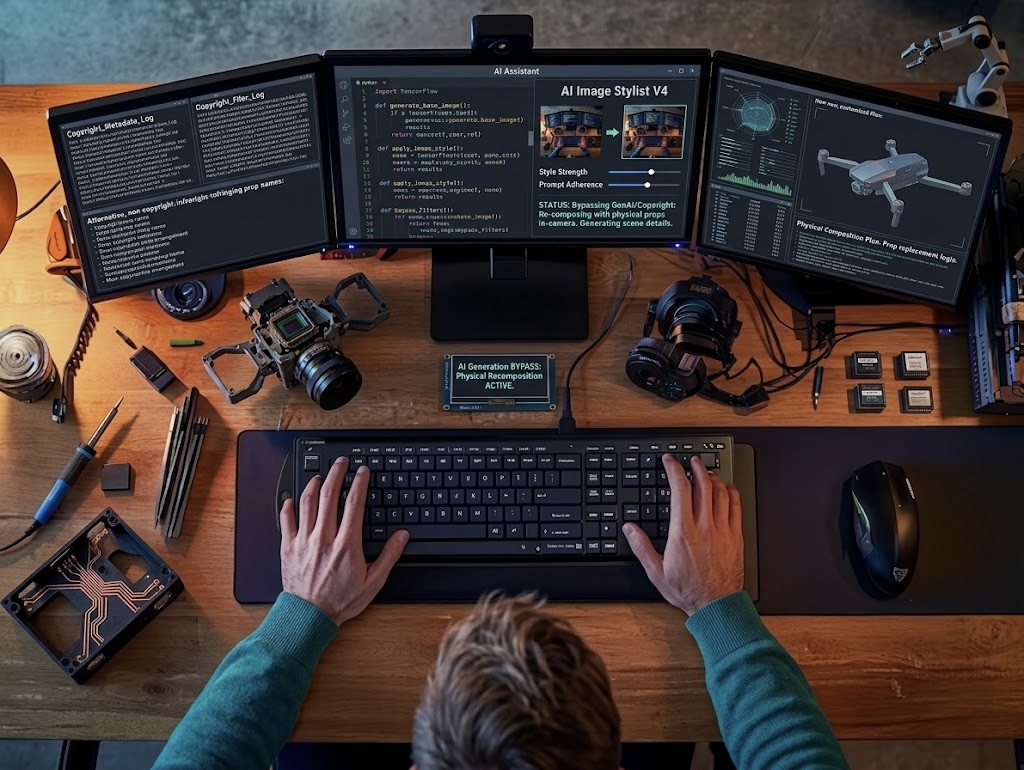 Developer coding with AI assistance on multiple monitors in a dark workspace