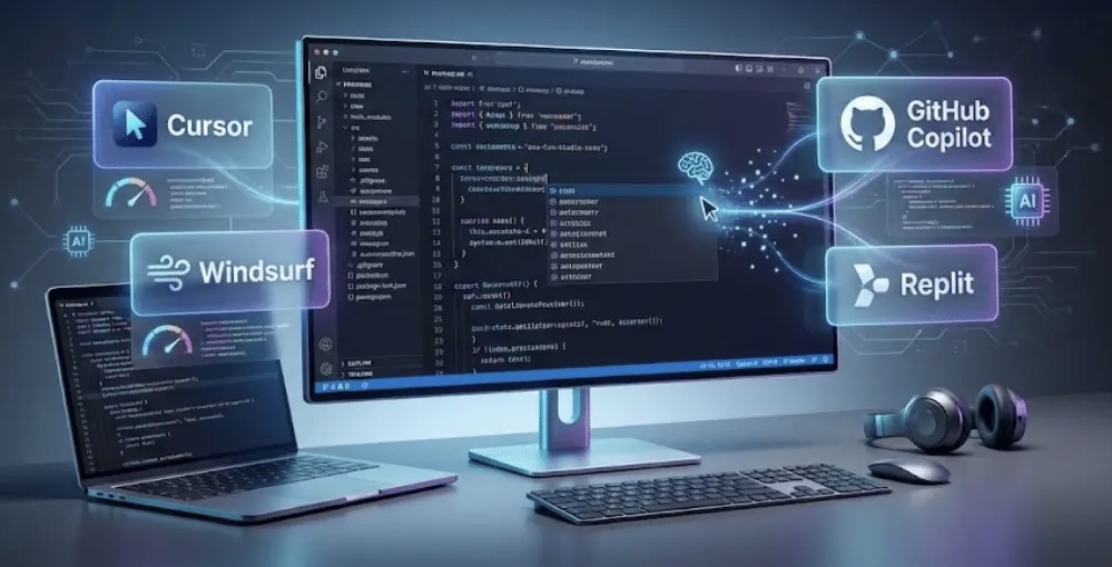 Code on screen with AI interface overlay representing vibe coding tools like Cursor and Replit in 2026